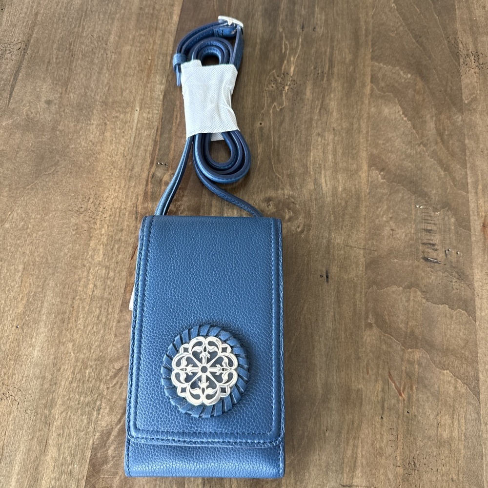 NEW Brighton Ferrara Phone Organizer Blue Pebbled Leather Crossbody Purse *MINT